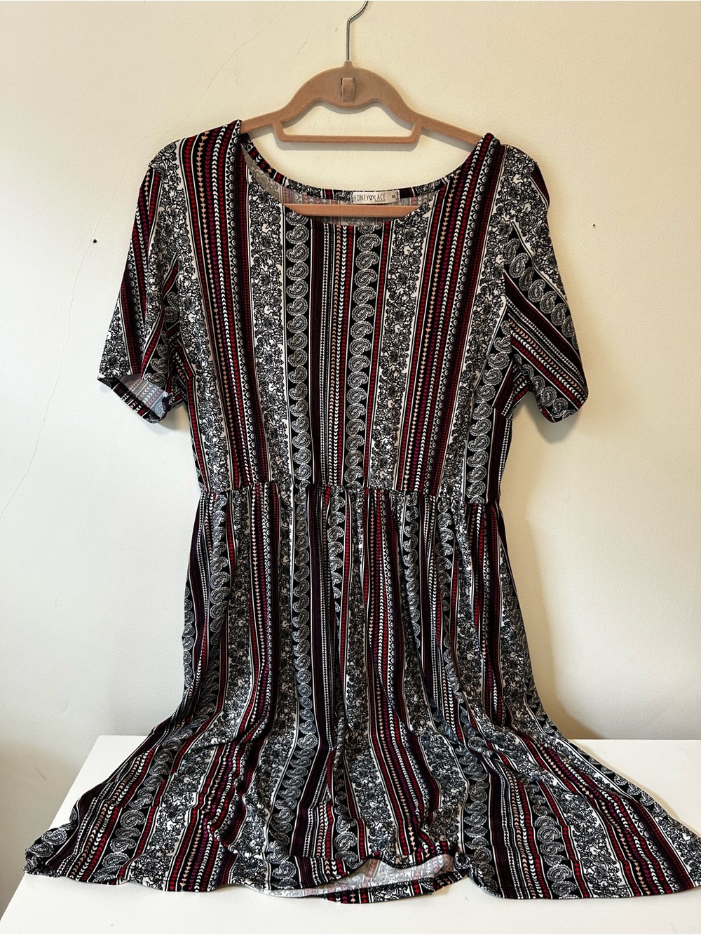 Honey and Lace Vertical Stripe & Floral Midi Dress - Burgundy, Black, White